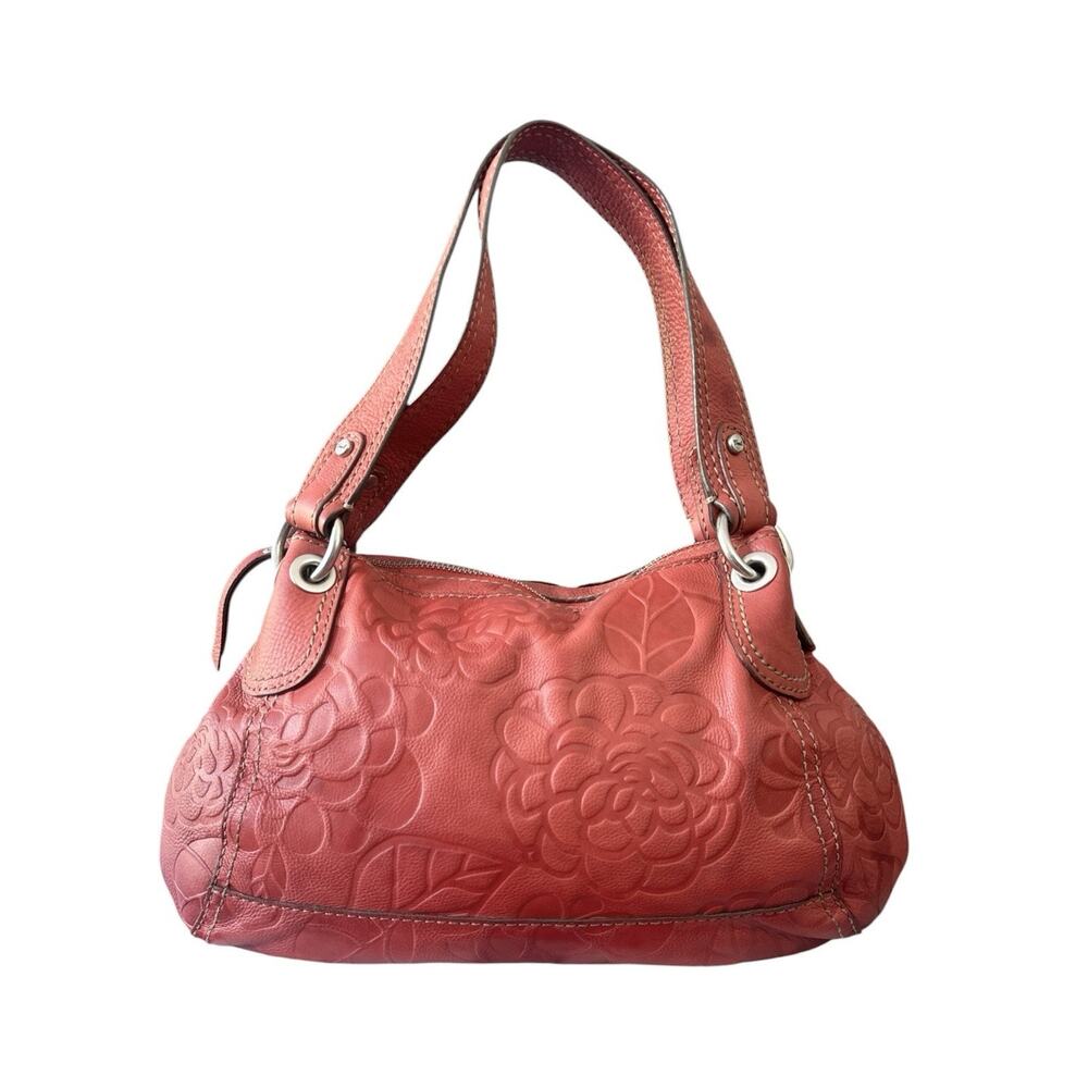 Fossil Shoulder Bag Coral Embossed Floral Double Handle Tortoise Key Charm EUC - Picture 6 of 16